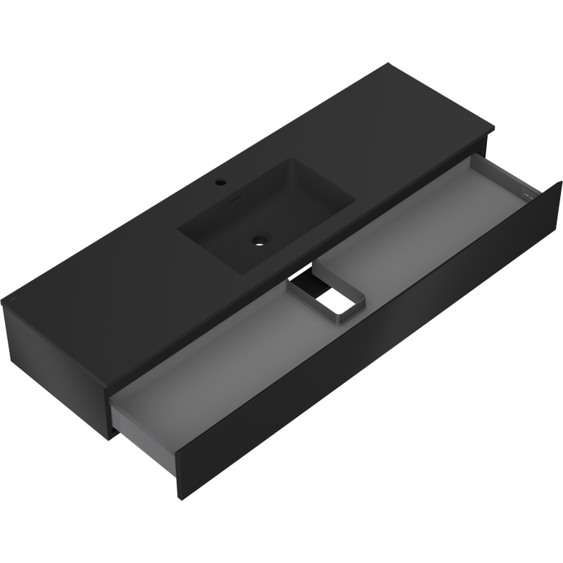 Baderomsskap med vask Mexen Orio 160 cm i svart matt med åpen skuff og utsparing for rør.