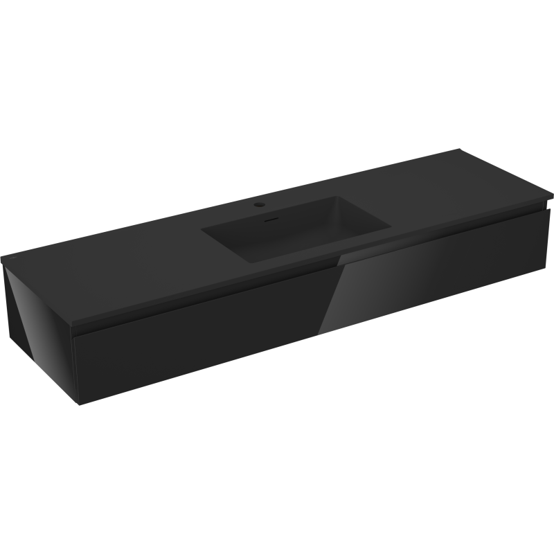 Servantskap med vask 160 cm i svart matt finish med integrert rektangulær servant, sett skrått forfra.