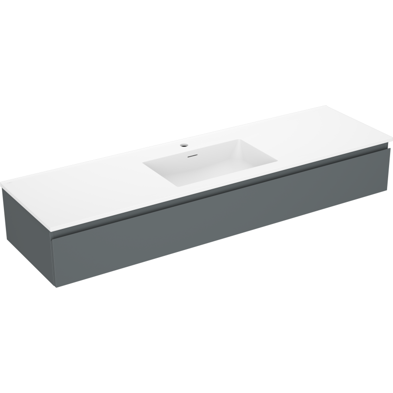 Servantskap med vask 160 cm grafitt matt og hvit matt, sett fra skrå vinkel uten synlige håndtak.