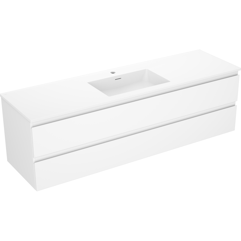Servantskap med vask 160 cm hvit matt med to brede skuffer, sett fra skrå vinkel.