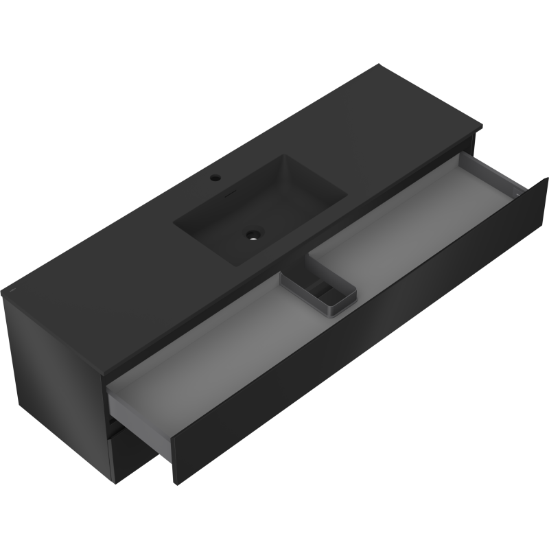 Baderomsskap med vask 160 cm svart matt, åpen skuff med inndelt oppbevaring, sett skrått ovenfra.