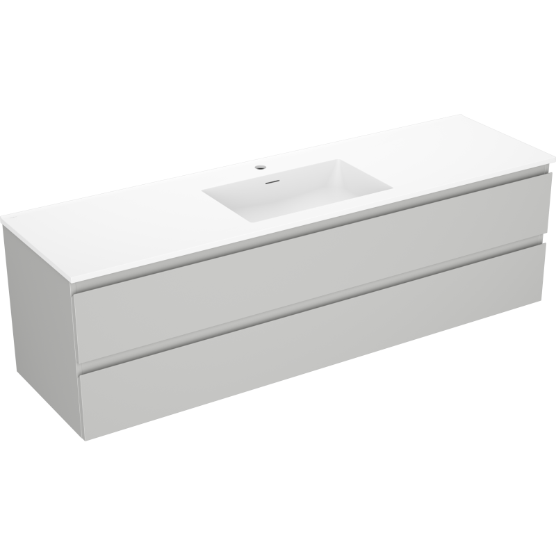 Servantskap med vask 160 cm i grå matt og hvit matt med to skuffer, sett fra skrå vinkel.