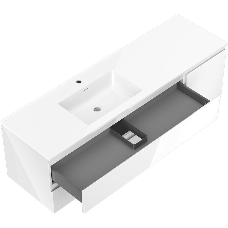 Baderomsskap med vask 160 cm Mexen Orio/Otis i hvit høyglans, åpen skuff med grå innsats.