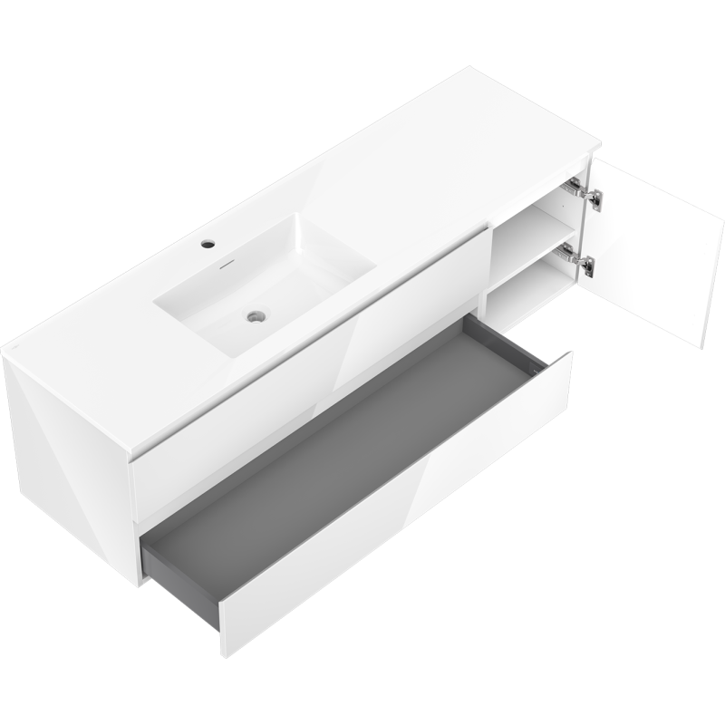 Baderomsskap med servant 160 cm Mexen Orio/Otis hvit høyglans, åpne skuffer og skapdør vises.