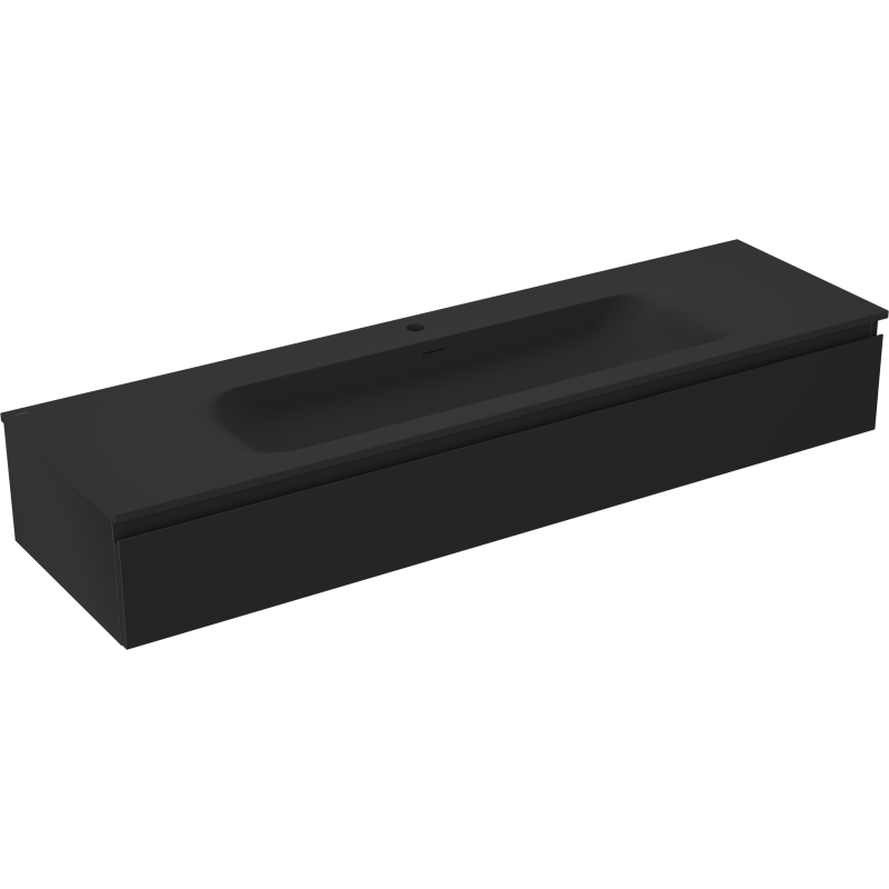 Servantskap med vask 160 cm i matt svart med én skuff, sett forfra fra skrå vinkel.
