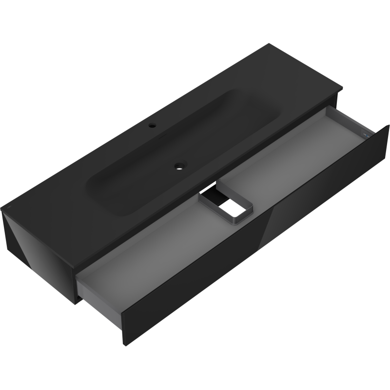 Baderomsskap med vask 160 cm Mexen Orio svart, skuff trukket ut, sett fra skrå vinkel.