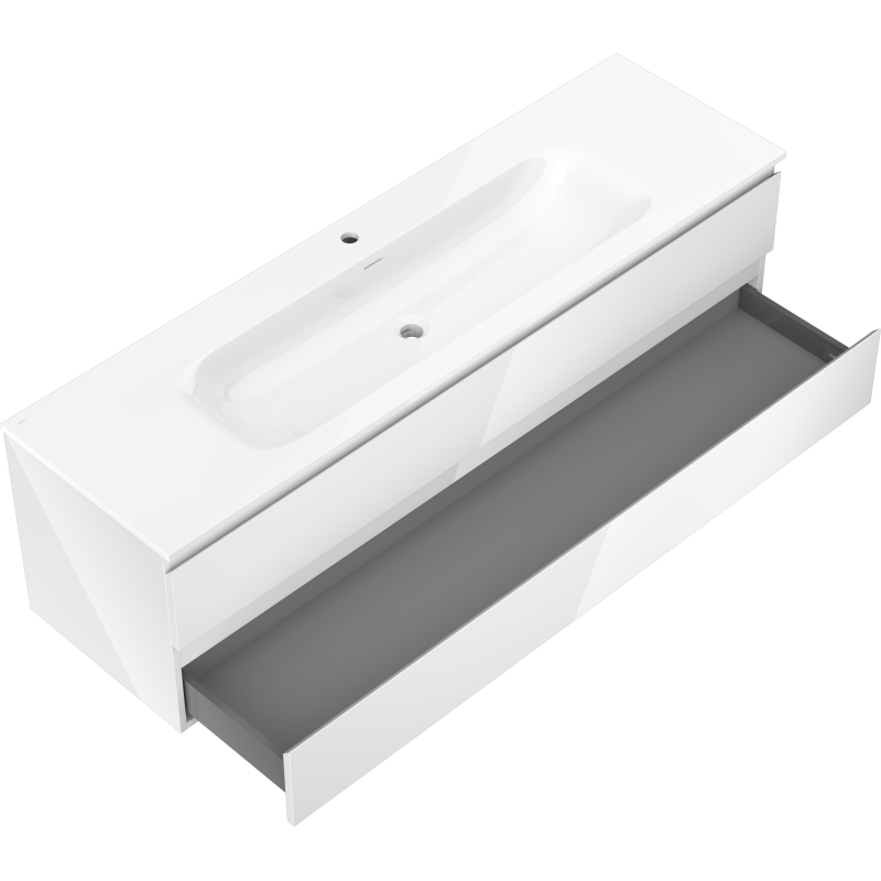 Baderomsskap med servant 160 cm hvit Mexen Orio Vela, skrå vinkel, åpen grå skuff.