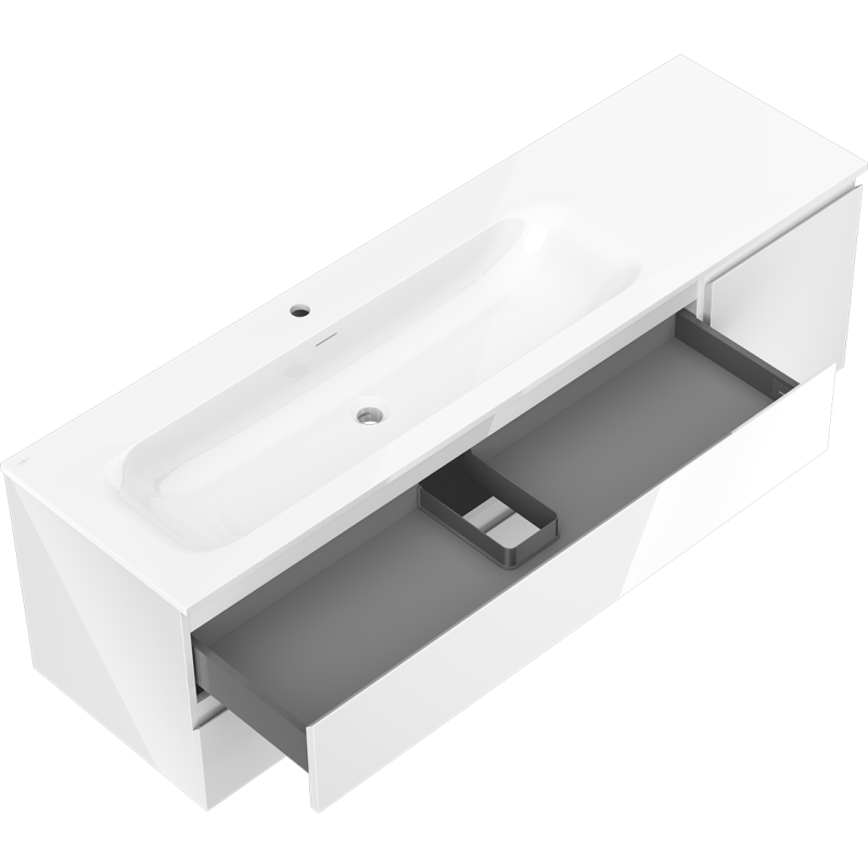 Baderomsskap med vask Mexen Orio Vela 160 cm hvit høyglans med åpen skuff og grå boks.