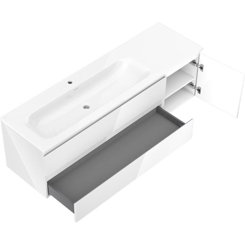Baderomsskap med servant Mexen Orio Vela, 160 cm hvit høyglans, åpen skuff og dør, sett skrått ovenfra.