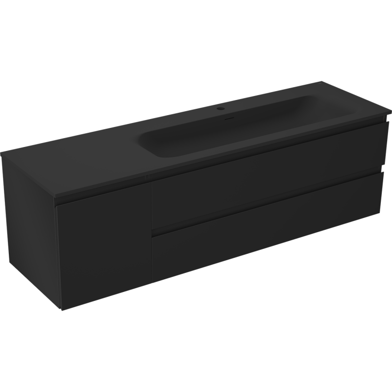 Servantskap med vask 160 cm Mexen Orio i matt svart med integrert servant og to skuffer uten håndtak.