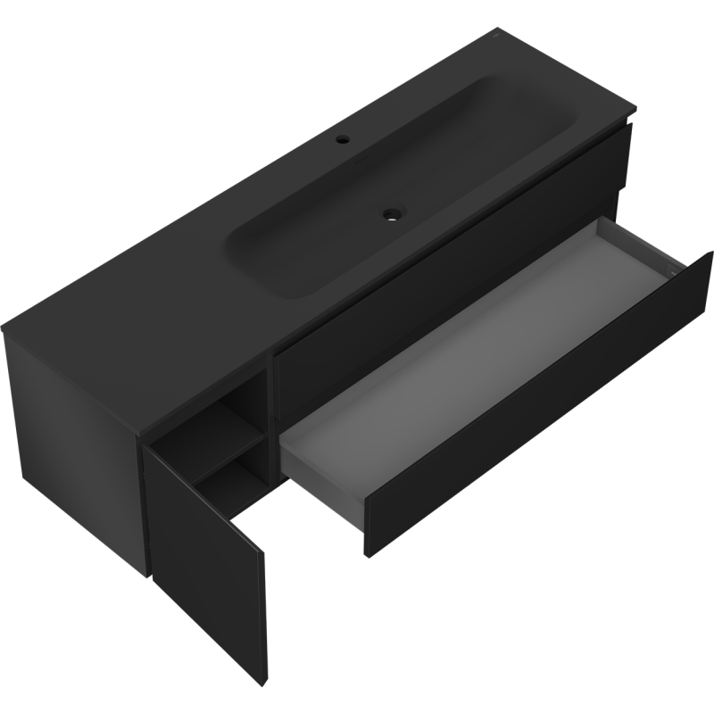 Baderomsskap med servant i svart matt finish, åpen skuff og skap med hylle under vasken.