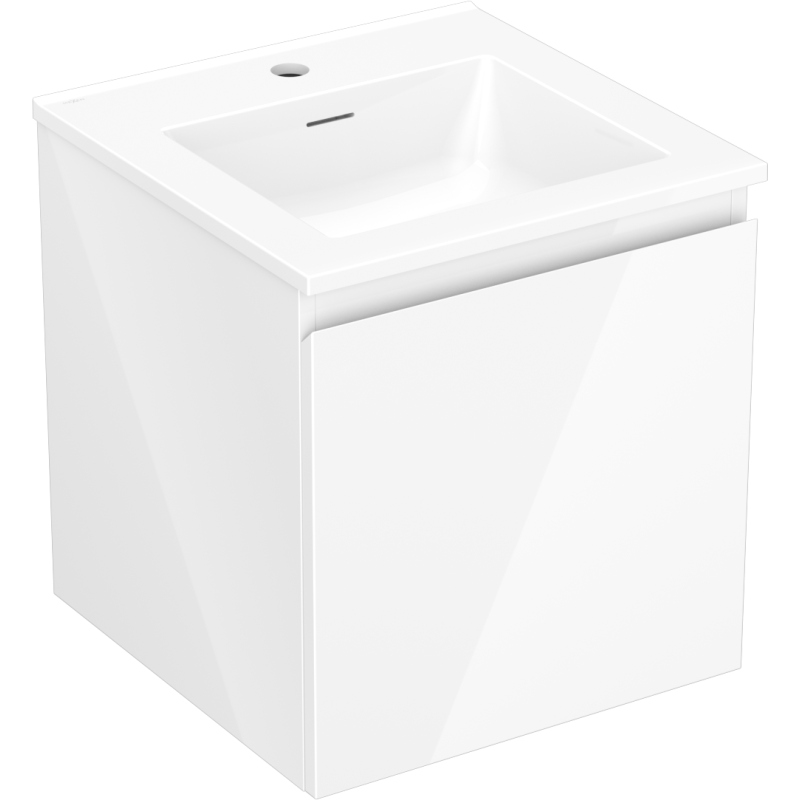 Servantskap med vask 45 cm Mexen Orio i hvit høyglans med én skuff, sett forfra i skrå vinkel.