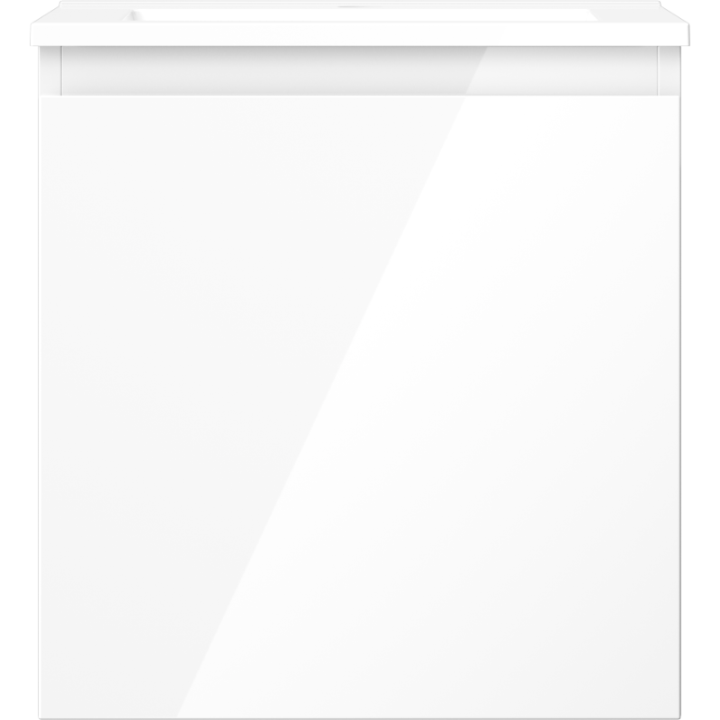 Servant med skap i hvit høyglans, 45 cm bred, sett rett forfra uten synlige håndtak.