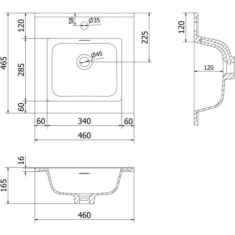 Servant med skap teknisk tegning av Mexen Orio/Otis 45 cm med mål og plassering av hull.