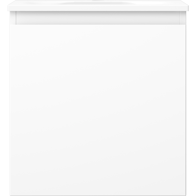 Servant med skap i hvit matt finish og minimalistisk front uten synlige håndtak.