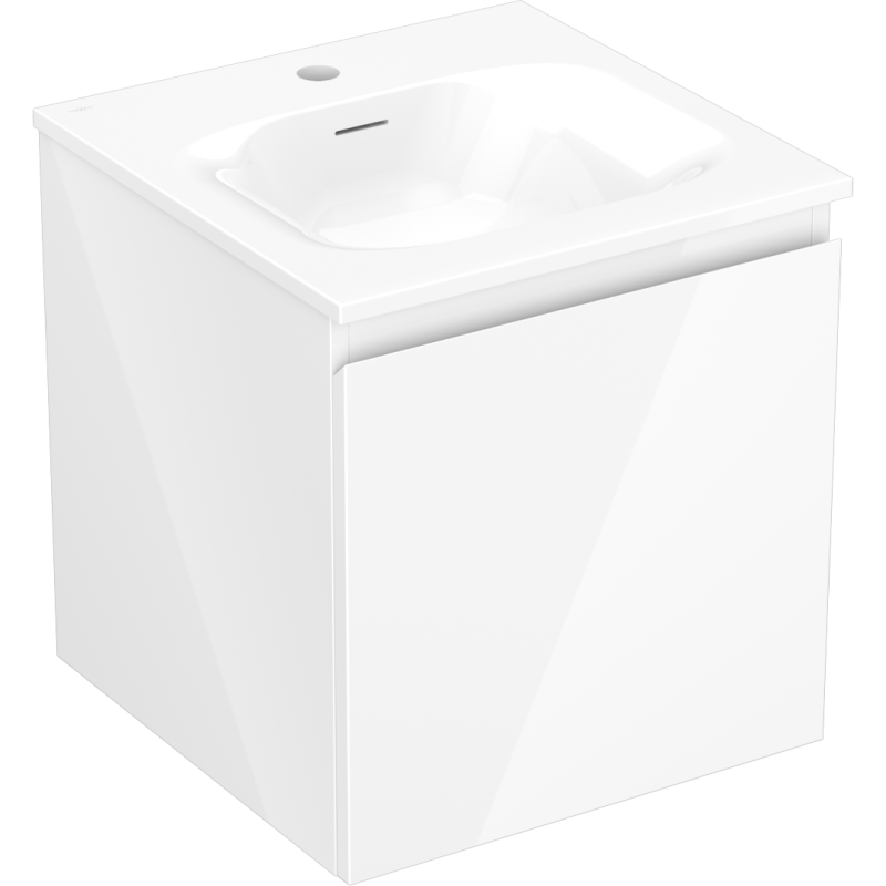 Servantskap med vask 45 cm i hvit høyglans med én skuff, sett fra skrå vinkel.