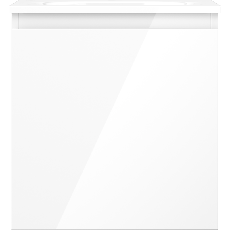 Servant med skap i hvit høyglans, 45 cm bredde, glatt front uten håndtak, minimalistisk design.