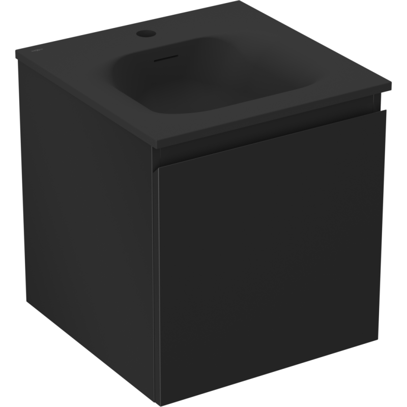 Servantskap med vask 45 cm svart matt med dyp servant og én skuff, sett fra hjørne.