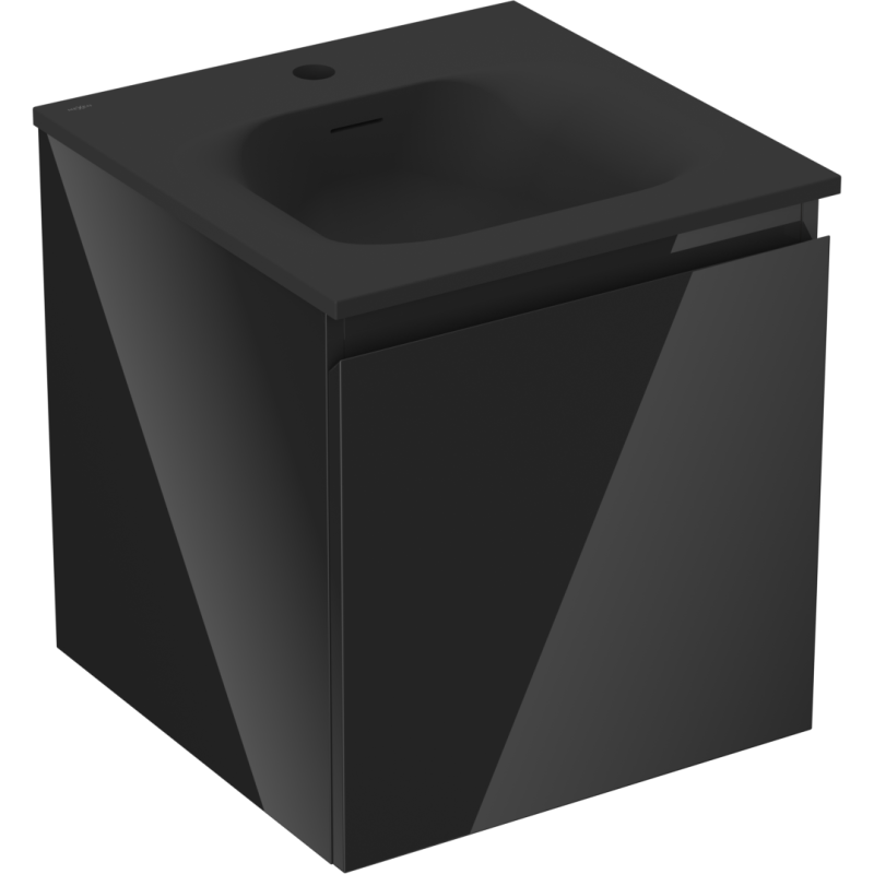 Servantskap med vask 45 cm svart matt med integrert servant og diskret håndtak sett fra skrå vinkel.