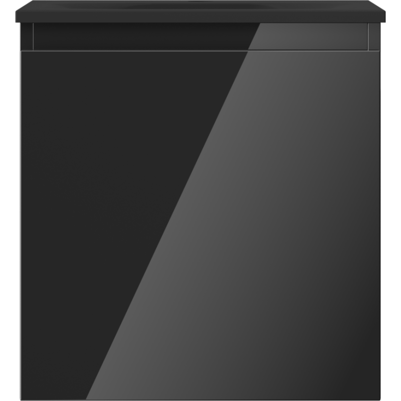 Servant med skap i svart høyglans med én stor skuff og glatt front, sett rett forfra.