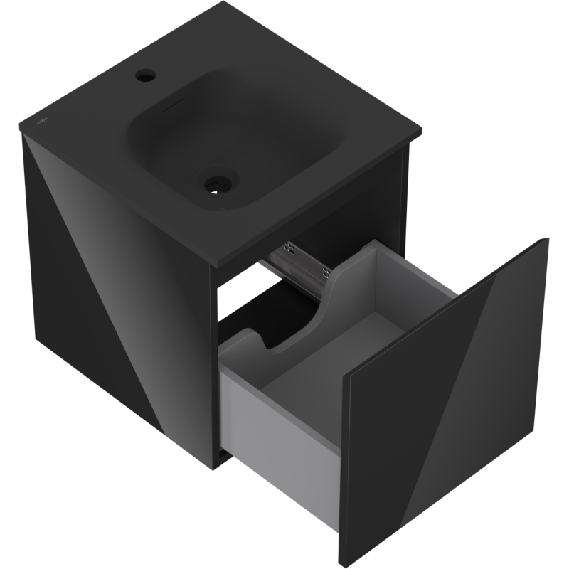 Baderomsskap med vask 45 cm svart med matt servant og åpen skuff med utsparing for rør.