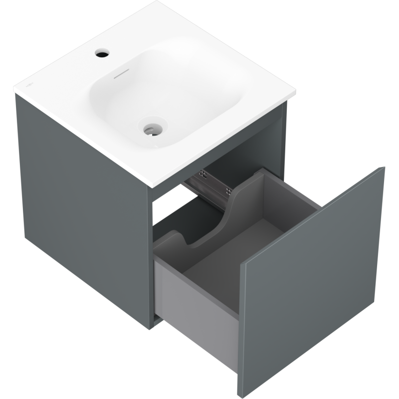 Baderomsskap med vask 45 cm Mexen Orio i grafitt matt med hvit servant, åpen skuff med rørutskjæring.