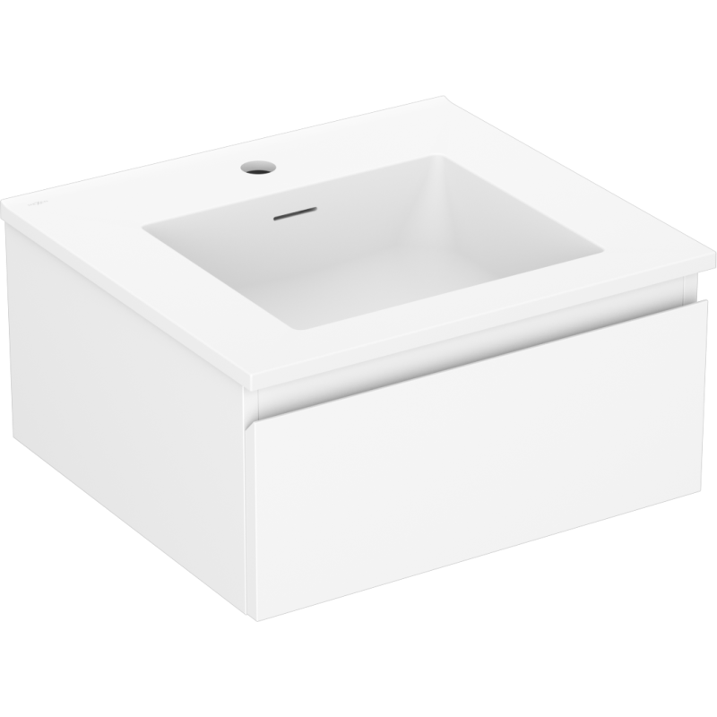 Servantskap med vask 50 cm hvit matt med rektangulær servant og skuff, sett fra skrå vinkel.