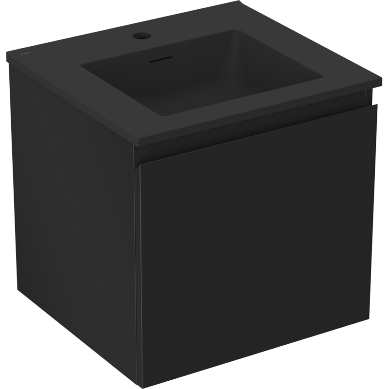 Servantskap med vask 50 cm svart matt med integrert firkantet servant, sett skrått forfra.