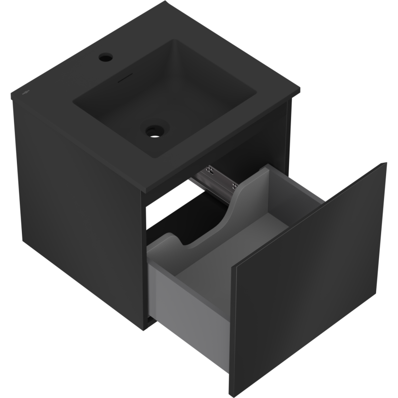 Baderomsskap med vask Mexen Orio 50 cm svart matt med stor uttrekksskuff og integrert servant.