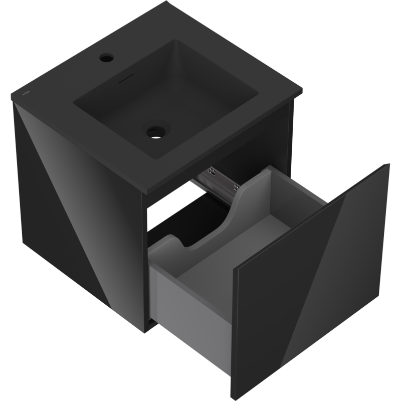 Baderomsskap med vask 50 cm svart, åpen skuff med innredning, matt overflate, sett ovenfra.