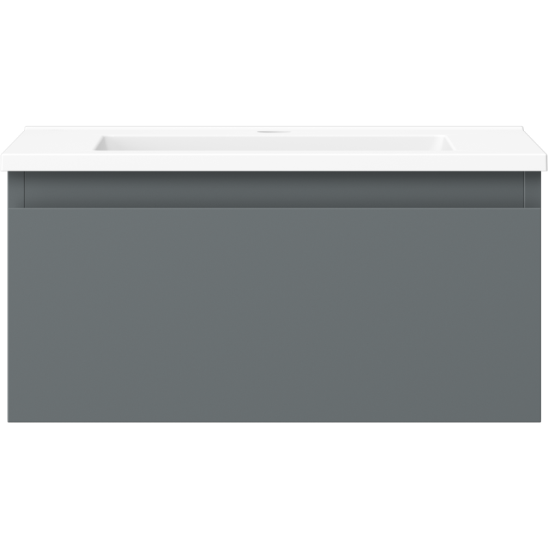 Servant med skap i grafitt matt og hvit matt, sett forfra med håndtaksløst design.