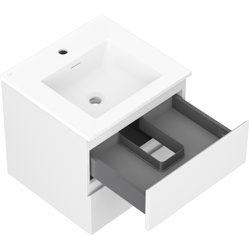 Baderomsskap med vask Mexen Orio 50 cm hvit matt, skuff med U-formet inndeling trukket ut.