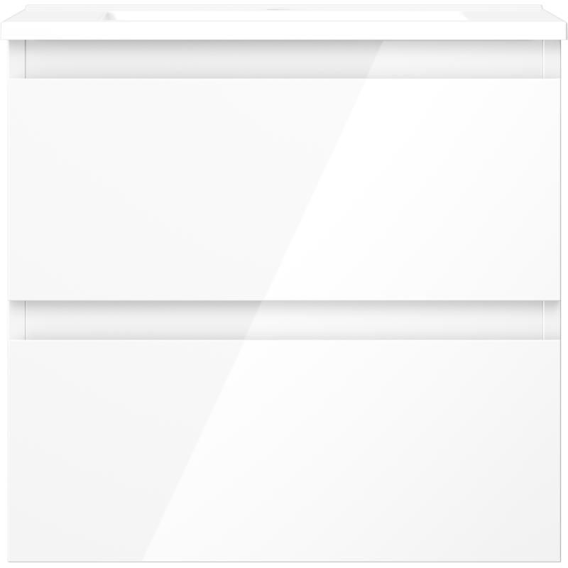 Servant med skap i hvit høyglans, rektangulær form og integrerte håndtak, sett forfra.