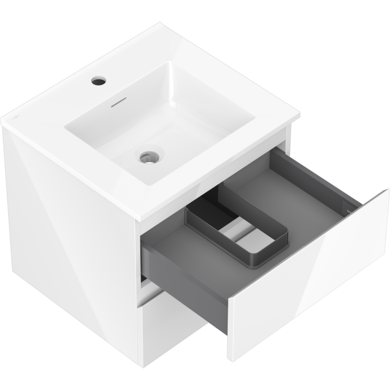 Baderomsskap med vask 50 cm hvit, skråvisning med åpen U-formet skuff for rørplassering.