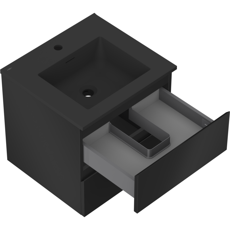 Baderomsskap med vask Mexen Orio 50 cm i svart matt med åpen skuff og plastorganisator.