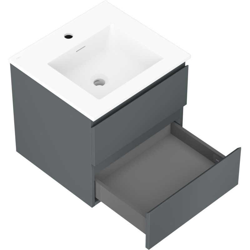 Baderomsskap med servant Mexen Orio 50 cm grafitt og hvit matt, åpen skuff viser oppbevaringsplass.