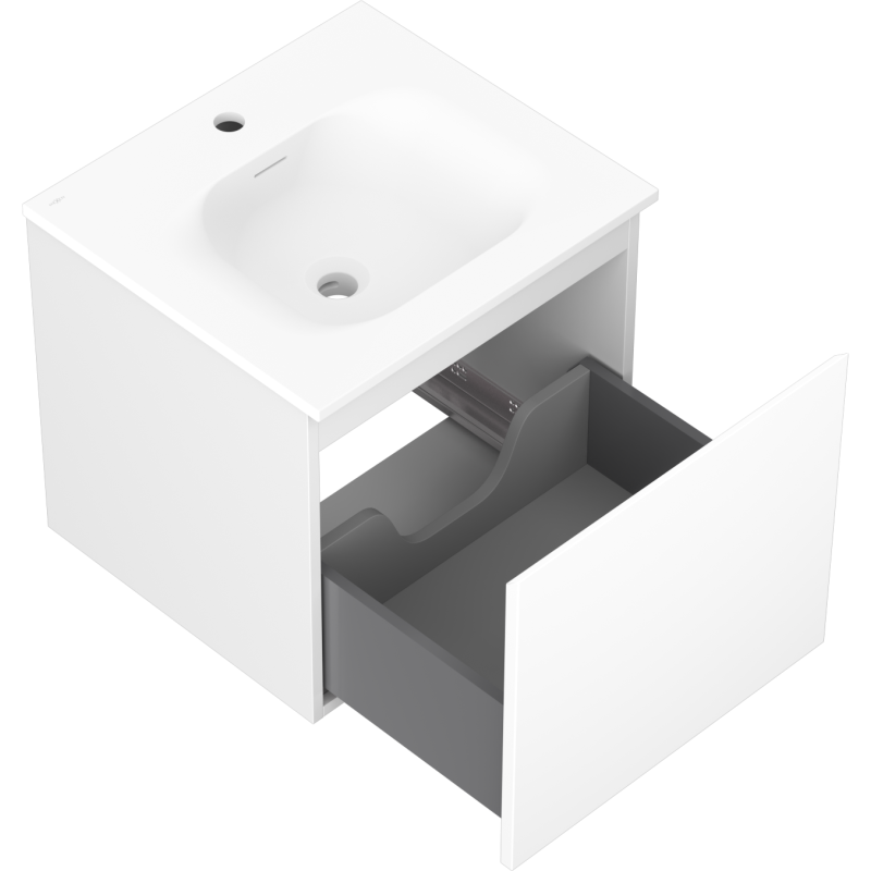 Baderomsskap med vask 50 cm hvit matt, skuff trukket ut og utsparing for rør, sett skrått ovenfra.