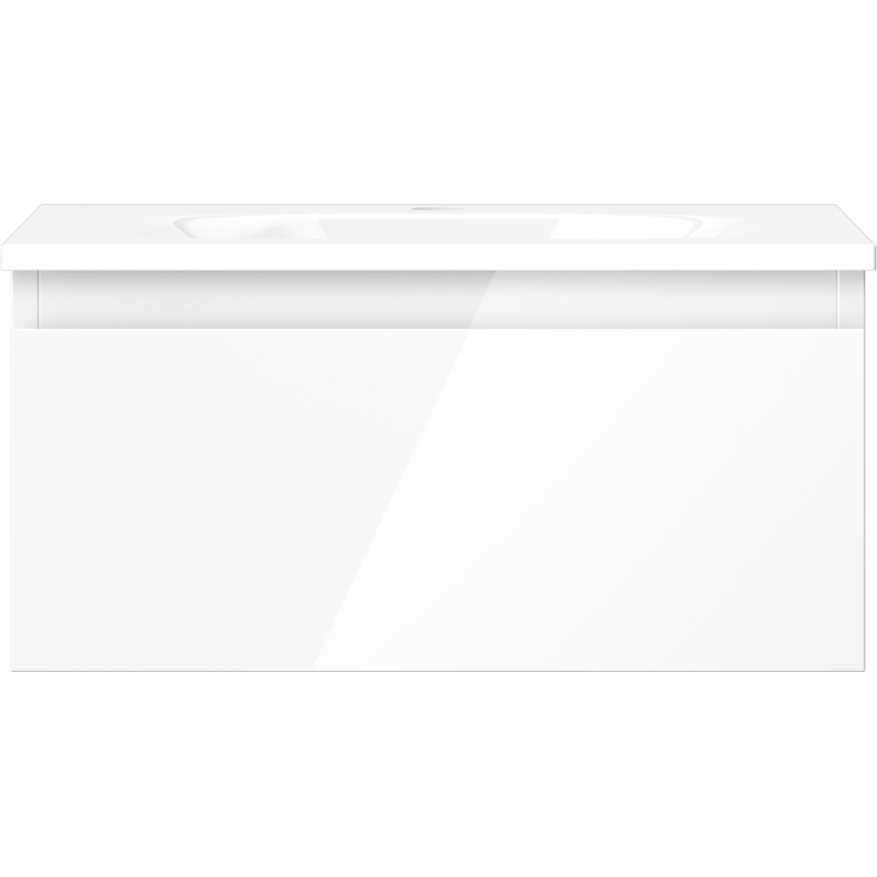 Servant med skap i hvit høyglans, rektangulær design uten synlige håndtak, sett forfra.