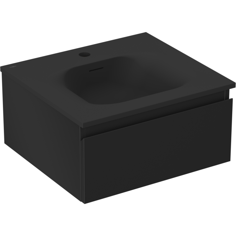 Servantskap med vask 50 cm svart matt med én skuff, sett skrått forfra med rette linjer.