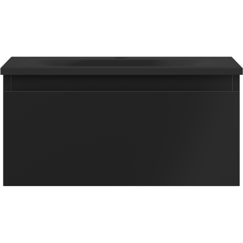 Servant med skap i svart matt finish, rektangulær design uten synlige håndtak, sett forfra.