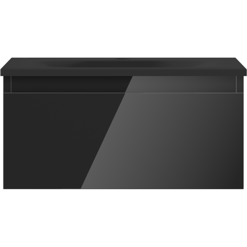 Servant med skap i sort høyglans med én skuff og moderne, håndtaksløst design.