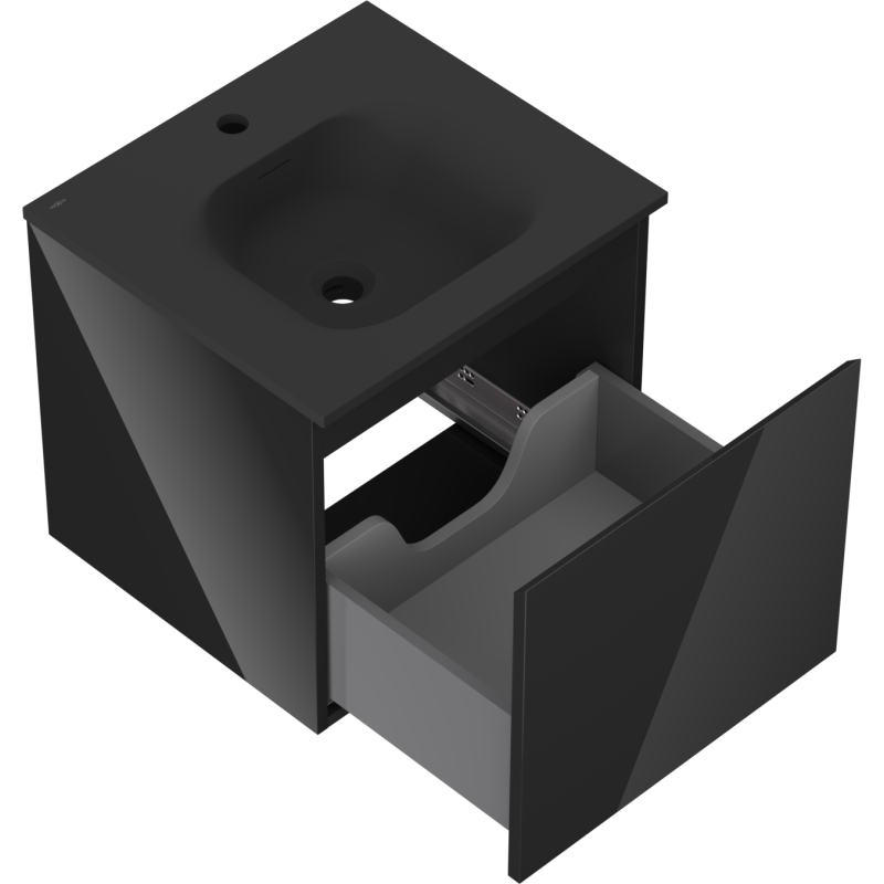 Baderomsskap med vask Mexen Orio Vela 50 cm svart, skuff trukket ut og utsparing for rør vises.