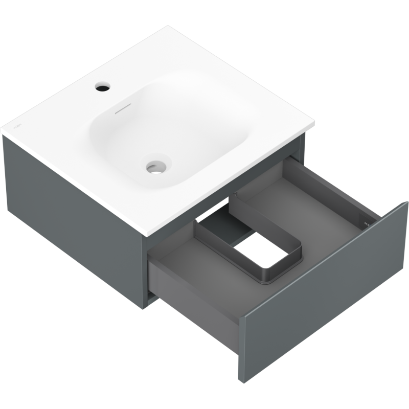 Baderomsskap med vask Mexen Orio 50 cm grafitt matt, åpen skuff og hvit topp, sett skrått ovenfra.