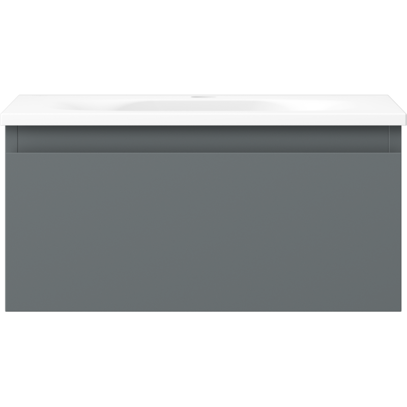 Servant med skap i grafitt matt med hvit servant, moderne design uten synlige håndtak.