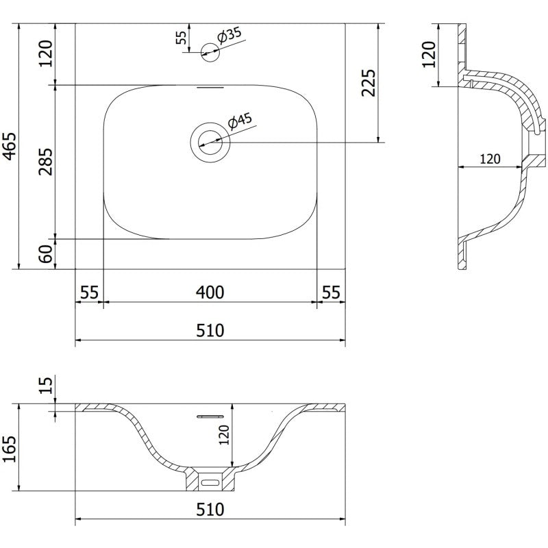 Servant med skap teknisk tegning av Mexen Orio 50 cm med mål og hullplassering i millimeter.