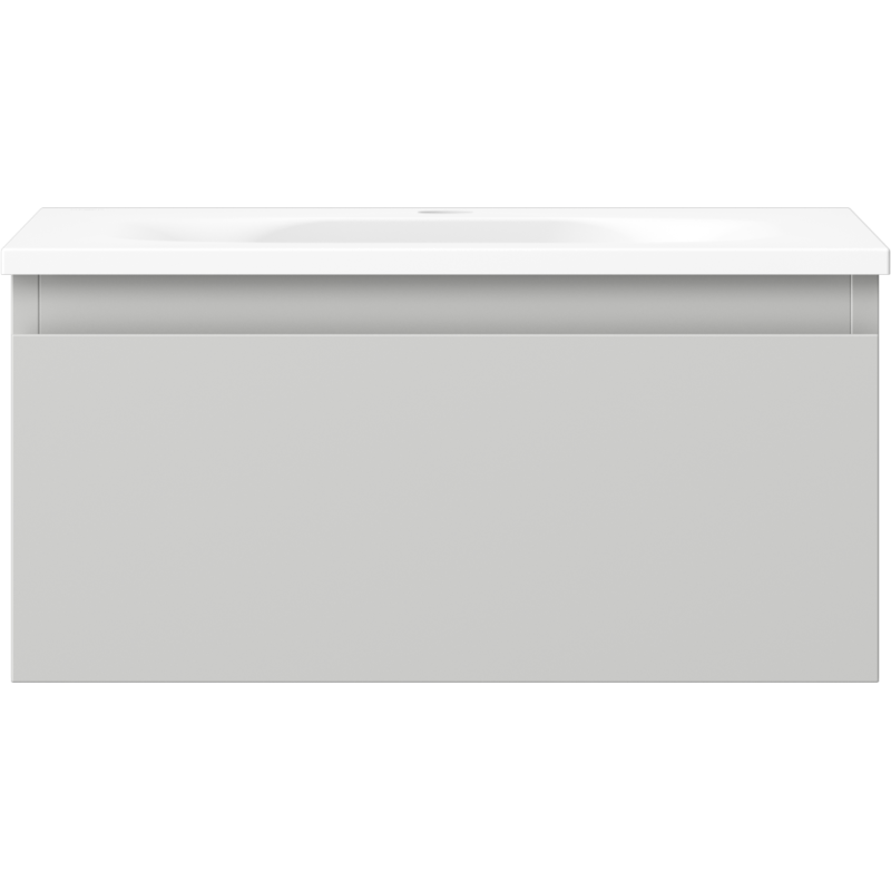 Servant med skap i lys grå matt finish, sett forfra med hvit topp, Mexen Orio 50 cm.