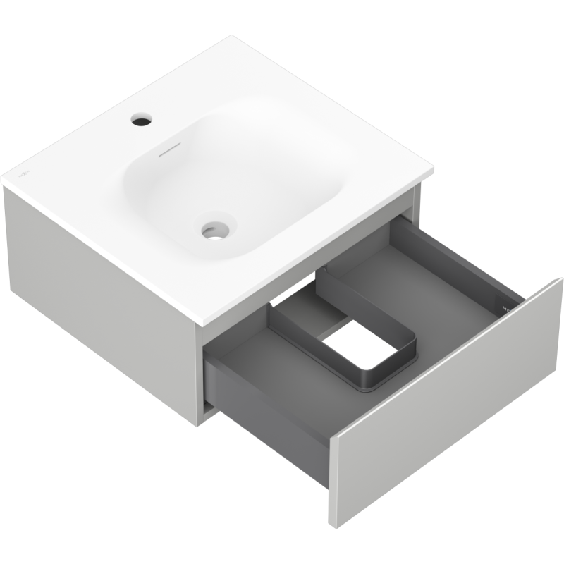 Baderomsskap med vask 50 cm grå/hvit matt, sett skrått ovenfra med åpen skuff og grå innredning.