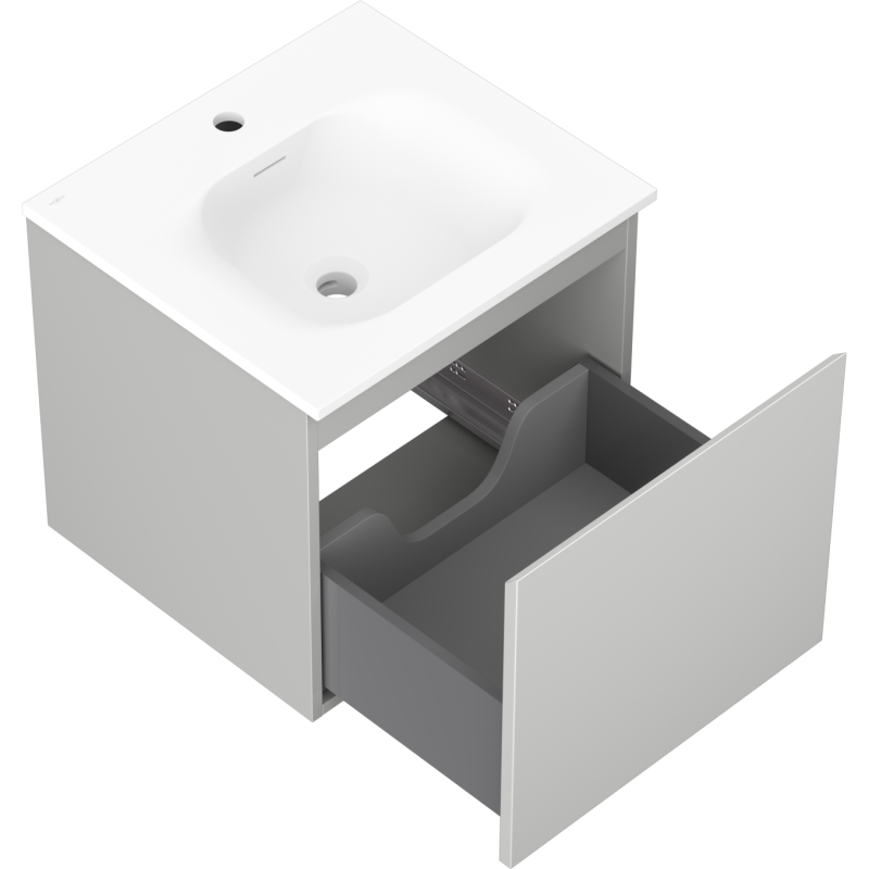 Baderomsskap med vask 50 cm Mexen Orio i hvit matt med åpen skuff og synlig røropplegg.