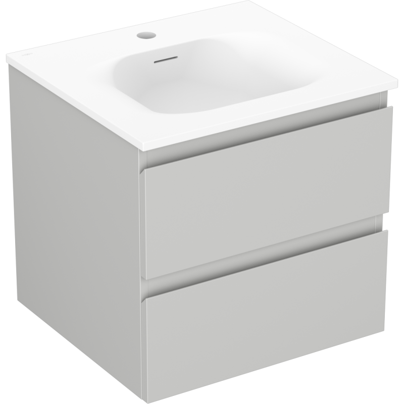 Servantskap med vask 50 cm Mexen Orio i grå matt og hvit matt med to skuffer, skrått forfra.