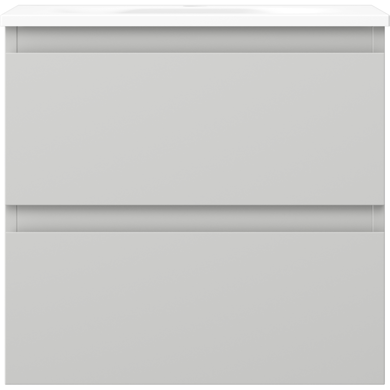 Servant med skap i lys grå matt utførelse med to brede skuffer og integrerte håndtak, sett forfra.